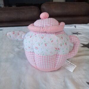 Lillian Vernon Plush Soft Fabric Teapot ONLY Pink Floral Plaid Country Farmhouse